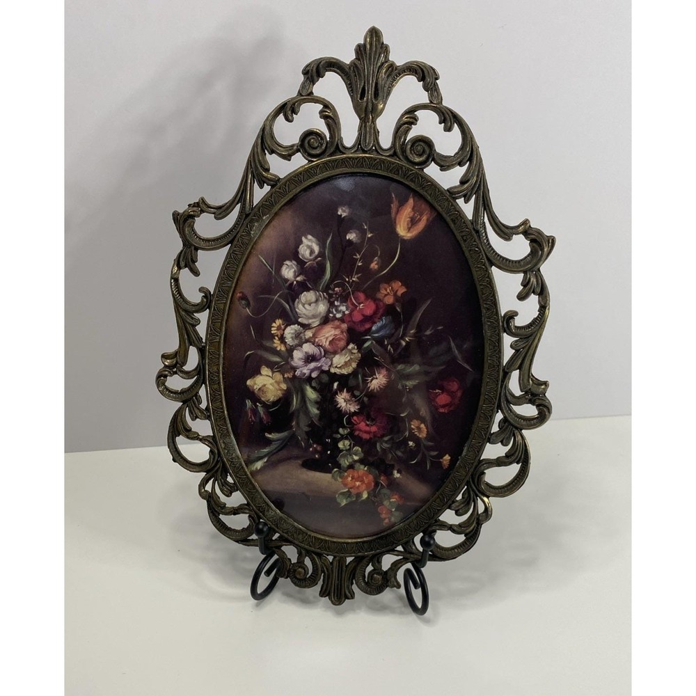 Ornate Rococo Style Antique Brass Frame With Floral Still Life Convex Glass 10x7